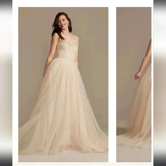 Blush Tulle Strapless Sweetheart Cut Wedding Gown - Picture 1 of 11